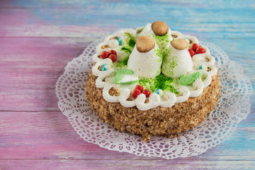 Tasty mini cake on a color gradient background