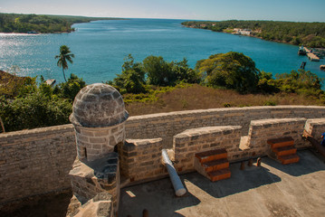 Top view of the Bay and the fortress walls with cannons. Fortress Fortaleza de Jagua. Cuba,...