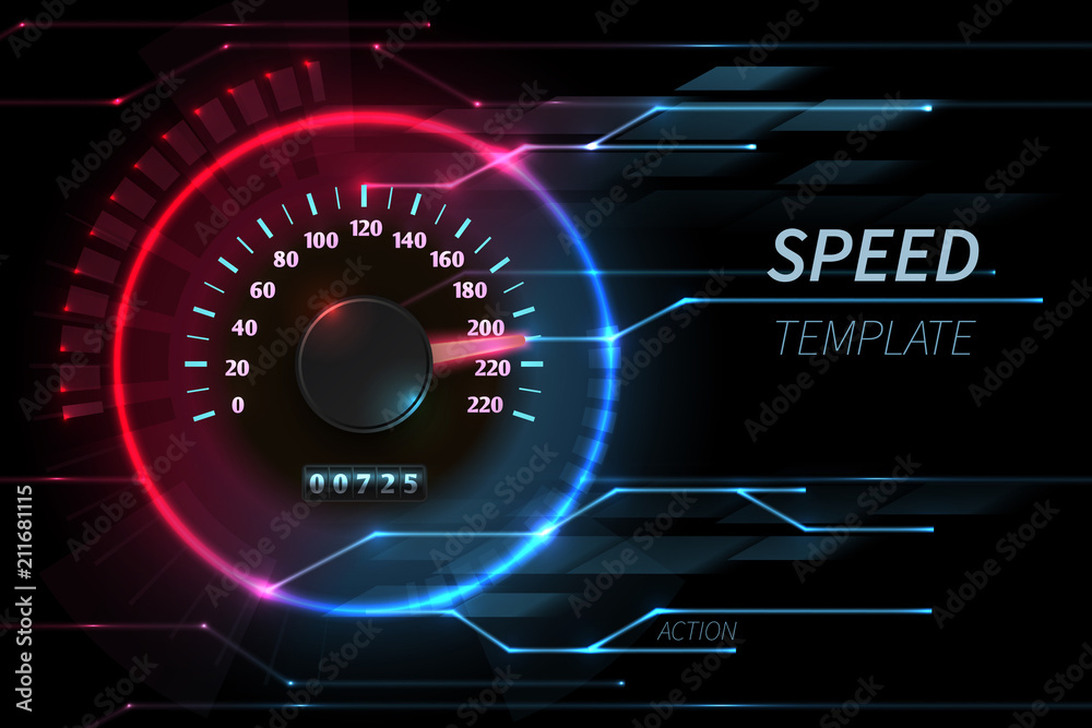 Poster speed motion line vector abstract tech background with car racing speedometer