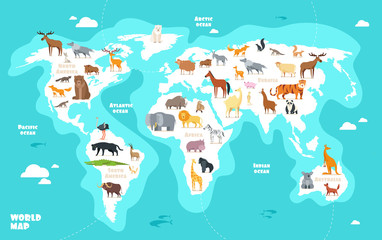 World map with animals. Earth discovery funny kids geography vector illustration