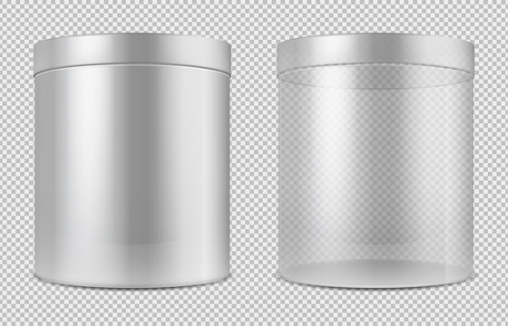 Cylinder empty transparent glass and white cans. Package for food, cookies and gifts vector template isolated