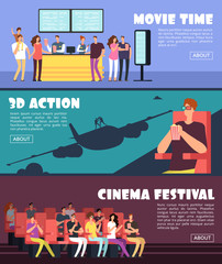 People in cinema, movie horizontal banners. Family and couples date at 3d theater vector concept