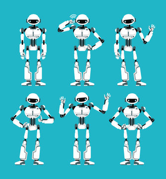 Spaceman robot android in different poses. Cute cartoon futuristic humanoid character set