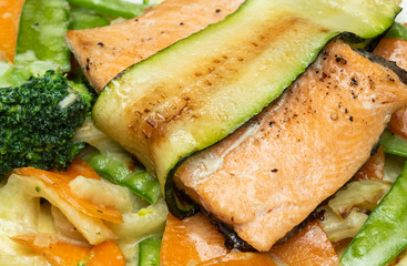 Lachsforellenfilet im Zucchinimantel mit Gemüse