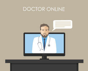 Doctor online concept. Online consultation with a medical specialist. There is male doctor's photo on the screen of the computer in the picture. Vector illustration