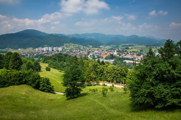 Fototapeta na wymiar Panorama of the Alps from the hill in Skofja Loka, Slovenia