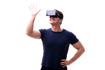 Man playing with virtual reality glasses on white background