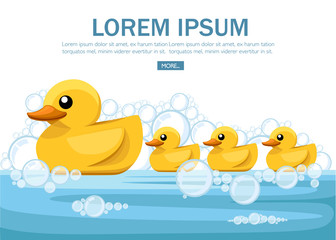 Yellow rubber duck. Cartoon cute ducky for bath. Flat vector illustration on white background. Concept design for website or advertising