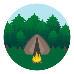 Sunny day landscape, campfire, mountains, forest and water. Background for summer camp, nature tourism, camping or hiking design concept. eps10