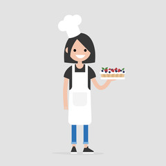 Young cheerful chief holding a berry cake. Bakery. Dessert. Restaurant. Gastronomy. Gourmet. Flat editable vector illustration, clip art