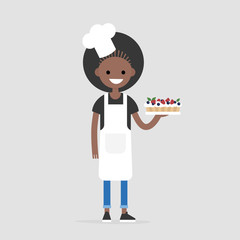 Young cheerful chief holding a berry cake. Bakery. Dessert. Restaurant. Gastronomy. Gourmet. Flat editable vector illustration, clip art