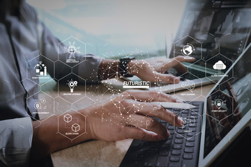 Businessman hand working concept. Photo professional investor working new startup project. Finance managers meeting.Digital tablet dock screen computer design smart phone using. Sun flare effect