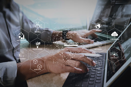 Businessman hand working concept. Photo professional investor working new startup project. Finance managers meeting.Digital tablet dock screen computer design smart phone using. Sun flare effect