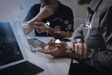 Business team meeting. Photo professional investor working new start up project. Finance task.Digital tablet docking keyboard laptop computer smart phone using, filter film effect