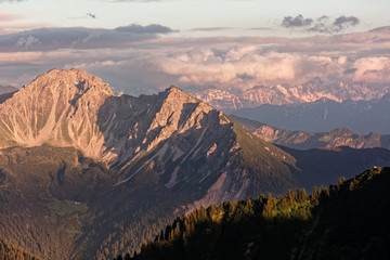 Naklejka na ściany i meble Lechquellengebirge mountains sunset from Furkajoch pass