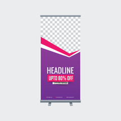 Purple Banner. Roll up banner template. Brochure design. Horizontal banner. Vector illustration. Abstract banner design. Creative brochure