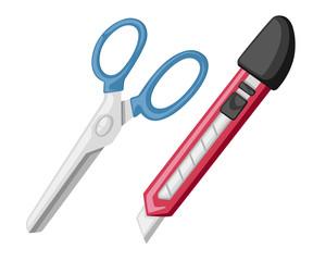 Red stationery knife and blue scissors. Flat style design. Office tools. Vector illustration isolated on white background