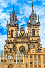 Fototapeta na wymiar The Tyn Church in t the Old Town Square in Prague, the main parish church district Nove Mesto.
