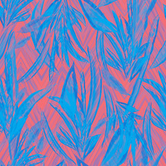 Fototapeta na wymiar Floral leafs pattern pastel color blue pink seamless background. Zigzag on a floral background. Watercolour painting hand drawn Cordyline - tropical leaves.