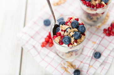 Vanilla Yoghurt Parfait Served with Fresh Blueberries and Red Currants