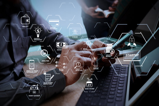 Business team meeting present. Photo professional investor working with new start up project. Digital tablet laptop computer design smart phone using, keyboard docking screen foreground,sun flare