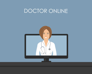 Online consultation with a medical specialist. Doctor online concept. There is female doctor on the screen of the monitor in the picture. Vector illustration