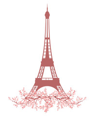 Naklejki  wieża eiffla wśród kwitnących gałęzi wiśni - sezon wiosenny Paryż wektor wzór