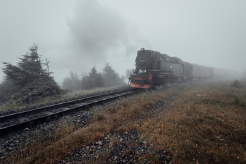 Einfahrt der Harzer Schmalspurbahn. Eisenbahn im Nebel