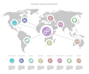 Business services template infographics. Infographics elements with World map. Illustration on the theme SEO