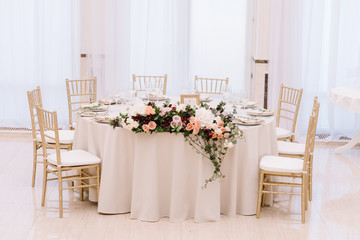 Festive lunch at restaurant. A wedding table for guests.
