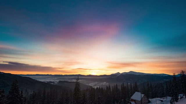Beautiful mountain sunrise, life under sky