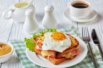 hot french toasts croque madame, close-up
