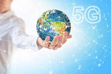 Earth from Space in hands, globe in hands. 5G k Internet mobile wireless concept. Elements of this image furnished by NASA. 3D illustration.
