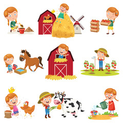 Vector Illustration Of Little Girl At Farm