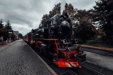 Dampflok der Harzer Schmalspurbahn steht im Bahnhof und wartet auf Abfahrt