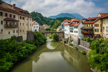 Fototapeta na wymiar Capuchin bridge in the old town in Skofja Loka, Slovenia