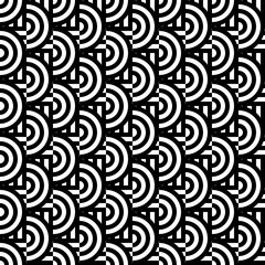 Seamless pattern with circles and striped black white straight lines. Optical illusion effect. Geometric tile in op art style. Vector illusive background for cloth, textile, print, web.