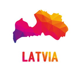 Low polygonal map of Republic of Latvia (Latvijas Republika) with sign Latvia, both in warm colors of red, purple, orange and yellow; sovereign state in Baltic region - Northern Europe