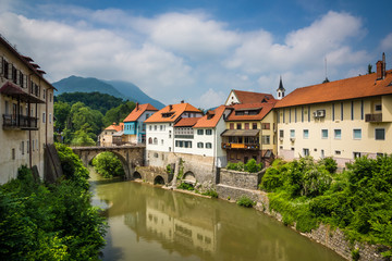 Obraz na płótnie Canvas Capuchin bridge in the old town in Skofja Loka, Slovenia