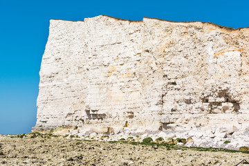 View of the white chalk cliff, Cuckmere Haven, East Sussex, England, part of Seven Sisters National park, selective focus