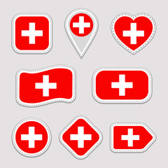 Switzerland flag vector set. Swiss national flags stickers collection. Vector isolated geometric icons. Web, sports pages, patriotic, travel, school, geographic design elements. Different shapes