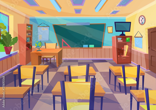 "Empty vector flat cartoon school class room interior with board desk