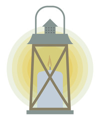 garden metal lantern with handle with wooden lattice and glass with light blue candle with yellow circles of light isolated on white background vector object drawing