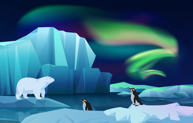 Cartoon vector nature winter arctic ice landscape with iceberg, snow mountains hills. Polar night with aurora borealis northen lights. White Bear and penguins. © lembergvector