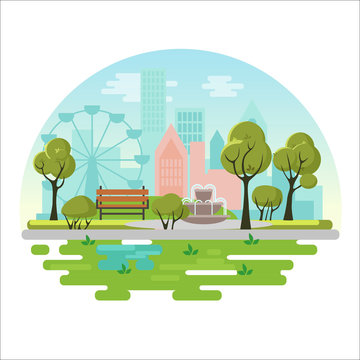 City public park vector illustration concept poster with bench, trees, fountain, plants on modern city background. Green eco landscape.