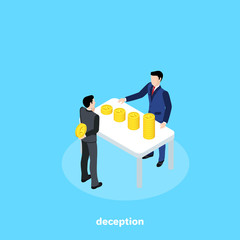 a man in a business suit hides money from another man, isometric image