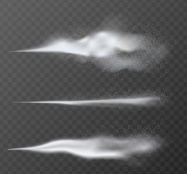 Realistic vector Airy water spray mist effect set. Sprayer fog isolated on dark transparent alpha background.