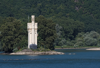Fototapeta na wymiar The Binger Mouse Tower, Mauseturm on a small island in the Rhine river, Germany
