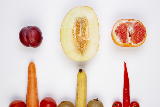 Fruits and vegetables symbolizing the male penis and female vagina. Sex concept