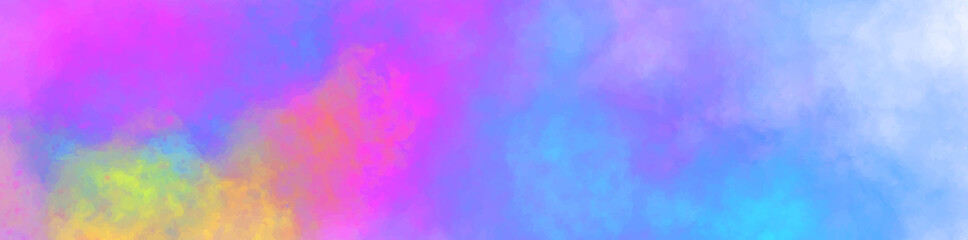 Vector horizontal banner. Abstract web background with colorful clouds, smoke, multicolor dust, paint. Multicolored concept illustration with realistic clouds of Holi paint powder.